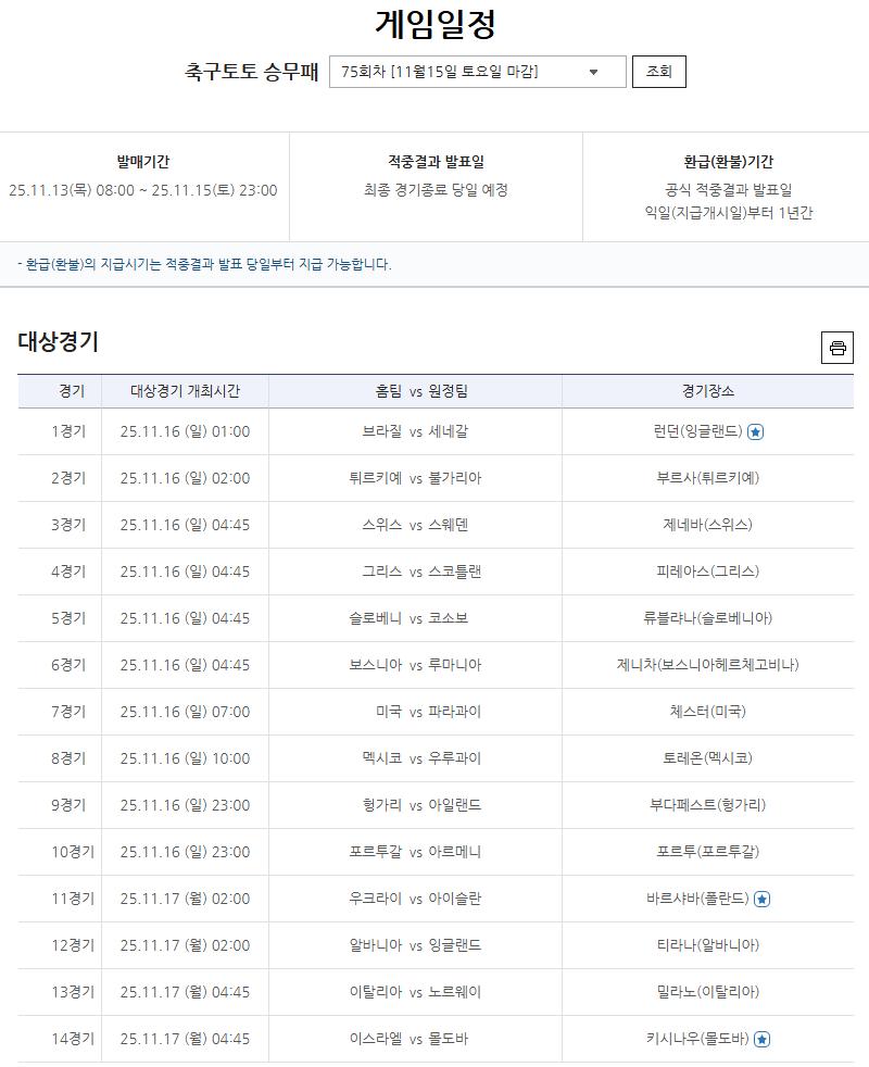 축구토토 승무패 75회차 대상경기.