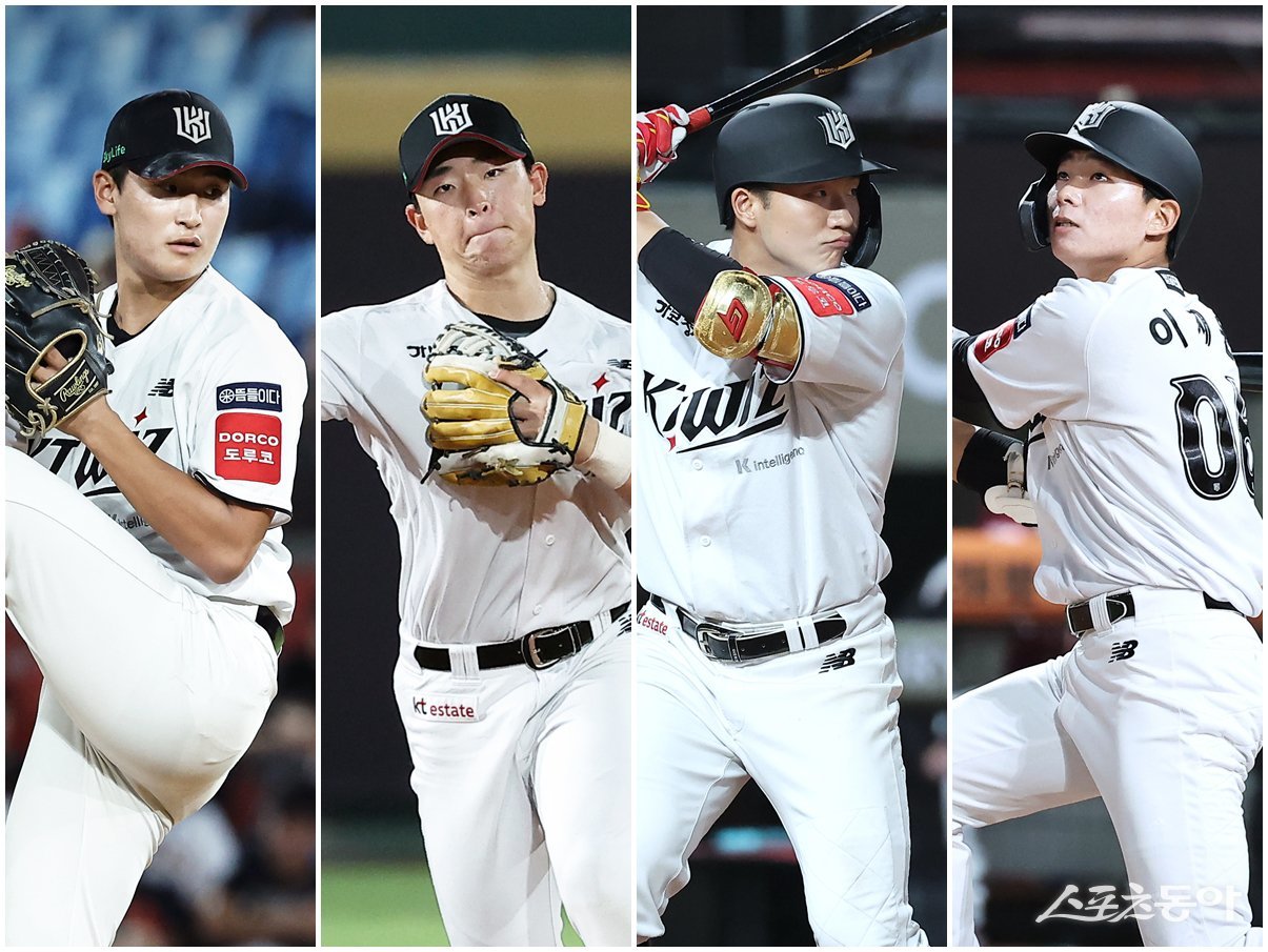 KT 신인 박지훈, 이강민, 김건휘, 이재원(왼쪽부터)이 7일 라쿠텐 타오위안 야구장에서 열린 ‘2025 타오위안 아시아 프로야구 교류전’ 라쿠텐 골든이글스와 경기에 출전해 활약하고 있다. 사진제공|KT 위즈
