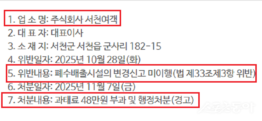 충남 서천군은 최근 폐수배출시설 변경신고를 이행하지 않은 주식회사 서천여객에 대해 과태료 48만 원과 행정경고 처분을 내렸다(공개 자료). 사진제공｜서천군