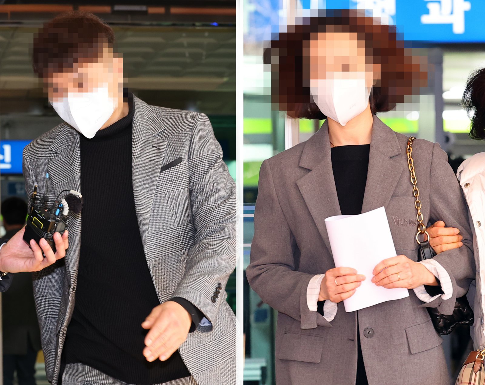 [서울=뉴시스] 최진석 기자 = 방송인 박수홍 친형 박모(왼쪽) 씨와 배우자 이모 씨가 14일 서울서부지법에서 열린 1심 선고 공판에서 징역 2년과 무죄를 각각 선고 받은 후 법원을 나서고 있다.  재판부는 연예기획사 자금을 회사 목적에 맞지 않게 사용한 부분은 일부 유죄, 박수홍씨의 개인자금을 사적 유용한 부분은 무죄로 판단, 친형 박씨에게 징역 2년을, 배우자 이모씨에게는 무죄를 선고 했다. 2024.02.14. myjs@newsis.com