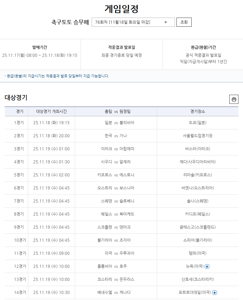 축구토토 승무패 76회차 대상경기.