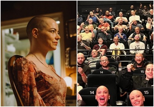 영화 ‘부고니아’ 스틸·미국에서 열린 ‘민머리 상영회’ 인증샷, 사진제공|CJ ENM·SNS