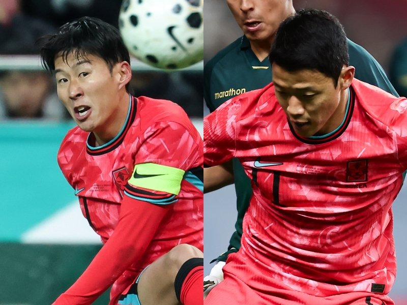 손흥민(왼쪽)과 황희찬이 18일 서울월드컵경기장에서 열린 가나와 홈 친선전에서 아쉬운 활약을 했다. 손흥민은 슛을 한 차례도 때리지 못했고, 황희찬은 페널티킥을 실축했다. 사진제공|대한축구협회