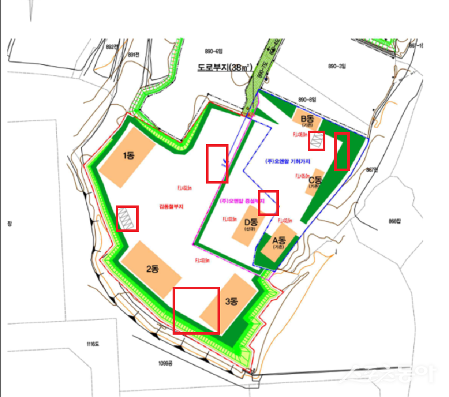 평택시 오성면 양교리 890-15번지 일대에서 지정폐기물 분뇨를 처리하는 오엔알 회사가 환경 평가 당시 제출한 도면과 실제 현장이 다르다는 의혹이 제기됐다(평가 도면). 사진제공｜공익 제보자
