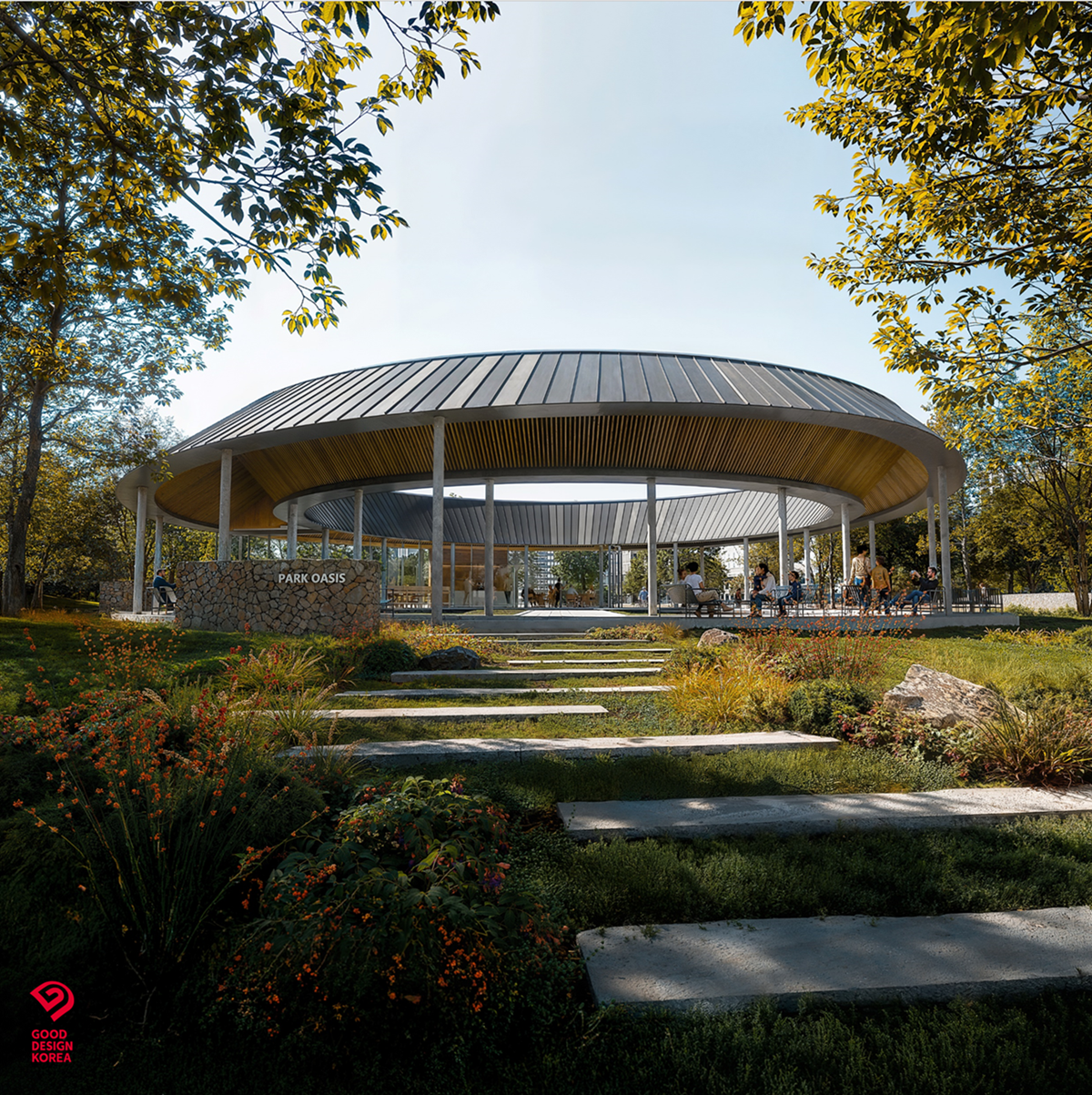 HDC현대산업개발이 선보여 올해 말 입주를 앞둔 잠실 래미안 아이파크 단지 내 파크오아시스. 2025 굿디자인어워드 코리아에서 은상(산업통상자원부 장관상)을 수상했다. 사진제공 |HDC현대산업개발