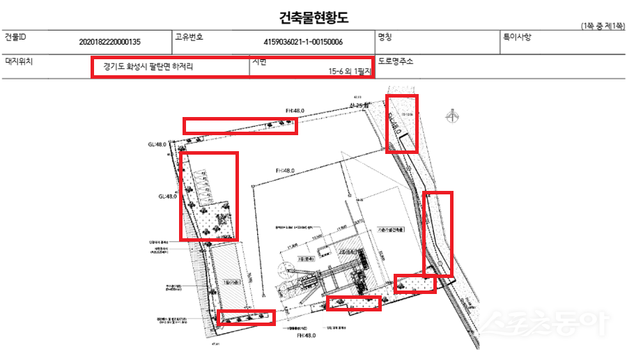 경기도 화성시 남양읍 북양리 산 122-1번지 일대에서 2018년경 공장 및 근생 소매점으로 환경영향평가 협의를 받은 ‘우리아스콘’ 업체가 복수의 의혹에 휘말렸다(건축물 현황도). 사진제공｜공익 제보자