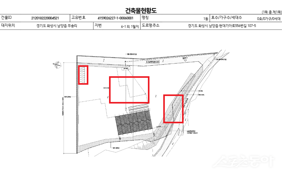 경기도 화성시 남양읍 북양리 산 122-1번지 일대에서 2018년경 공장 및 근생 소매점으로 환경영향평가 협의를 받은 ‘우리아스콘’ 업체가 복수의 의혹에 휘말렸다(건축물 현황도). 사진제공｜공익 제보자