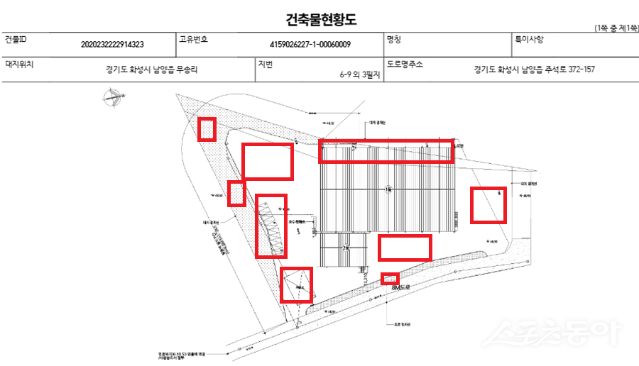 경기도 화성시 남양읍 북양리 산 122-1번지 일대에서 2018년경 공장 및 근생 소매점으로 환경영향평가 협의를 받은 ‘우리아스콘’ 업체가 복수의 의혹에 휘말렸다(건축물 현황도). 사진제공｜공익 제보자
