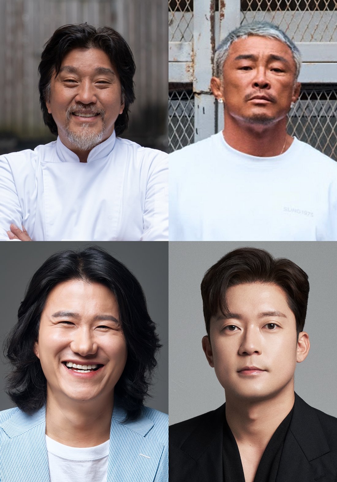 대한민국 요리 예능의 새 지평을 열 ‘셰프와 사냥꾼’이 채널A를 통해 내년 1월 8일 첫 선을 보인다. ‘야생 퀴진’이란 기막힌 콘셉트를 표방하는 프로그램에서 ‘사냥꾼’ 임무를 맡은 추성훈(위 오른쪽)과 식(食) 예술의 세계를 구현할 에드워드 리(위 왼쪽). ‘예능 치트키’ 임우일과 김대호(아래쪽 왼쪽부터)도 합류했다. 사진제공|각 소속사