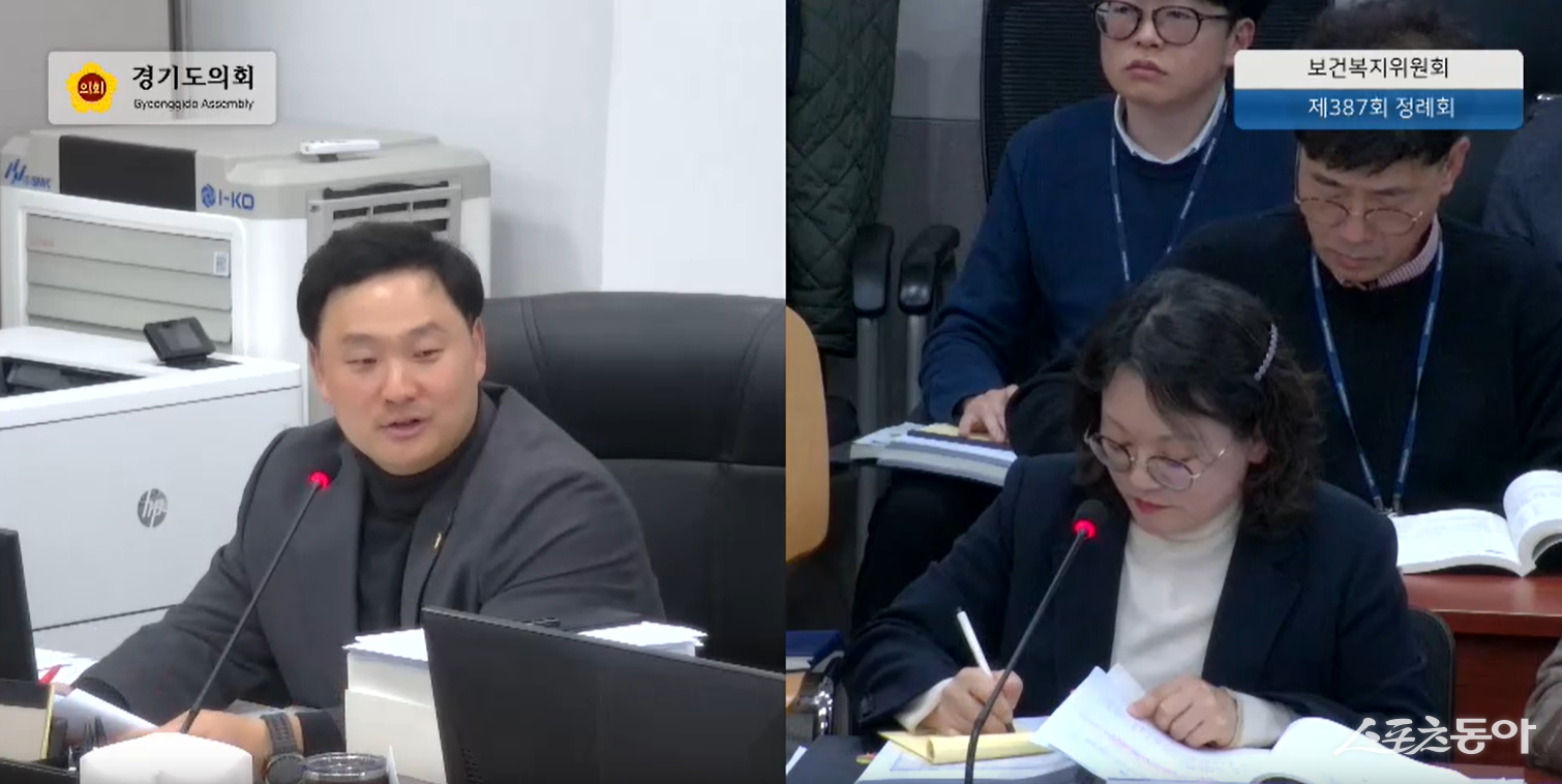 경기도의회 국민의힘 보건복지위원회 부위원장 고준호 의원(파주1)은 지난 24일 열린 2026년도 경기도 보건환경연구원 예산심사에서 “2001년 지적된 문제가 23년이 지난 지금까지도 그대로 반복되고 있다”며 연구원의 구조적 문제를 강하게 비판했다(왼쪽 고준호 의원). 사진제공｜고준호 의원
