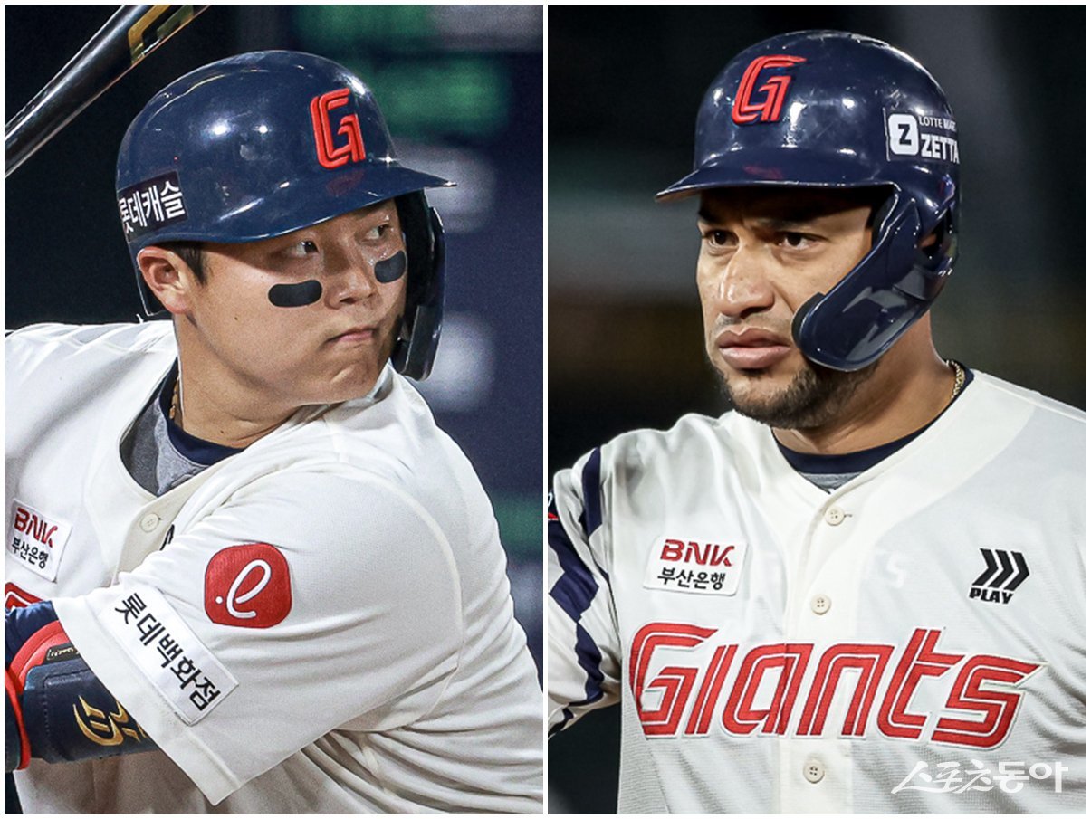 한동희(왼쪽)와 빅터 레이예스가 롯데의 자존심을 지켰다. 이들 2명은 내년 시즌 롯데 타선의 구심점이 될 전력들이다. 사진제공|롯데 자이언츠