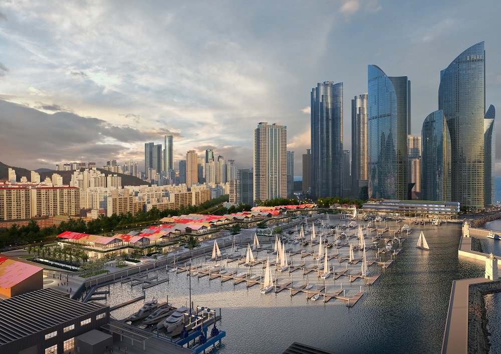 아이파크마리나와 HDC현대산업개발은 24일 부산 수영만요트경기장 재개발 착공식을 진행했다. 부산 수영만요트경기장 조감도. 사진제공 |HDC현대산업개발