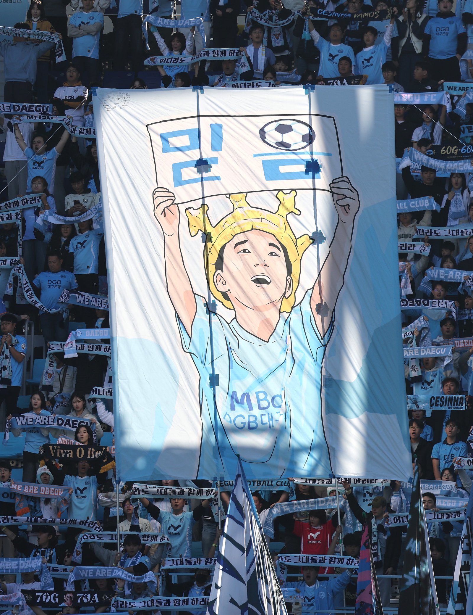 대구 팬들이 30일 대구아이엠벵크파크에서 열린 안양과 K리그1 최종전 도중 대형걸개를 들고 팀의 생존을 기원하고 있다. 대구│뉴시스