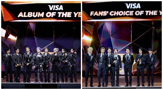 스크레이 키즈(왼쪽)과 엔하이픈이 마마어워즈에서 4개 대상 가운데 절반을 차지하며 ‘4세대 아이돌 시대’의 중핵임을 입증했다. 사진제공|CJ ENM