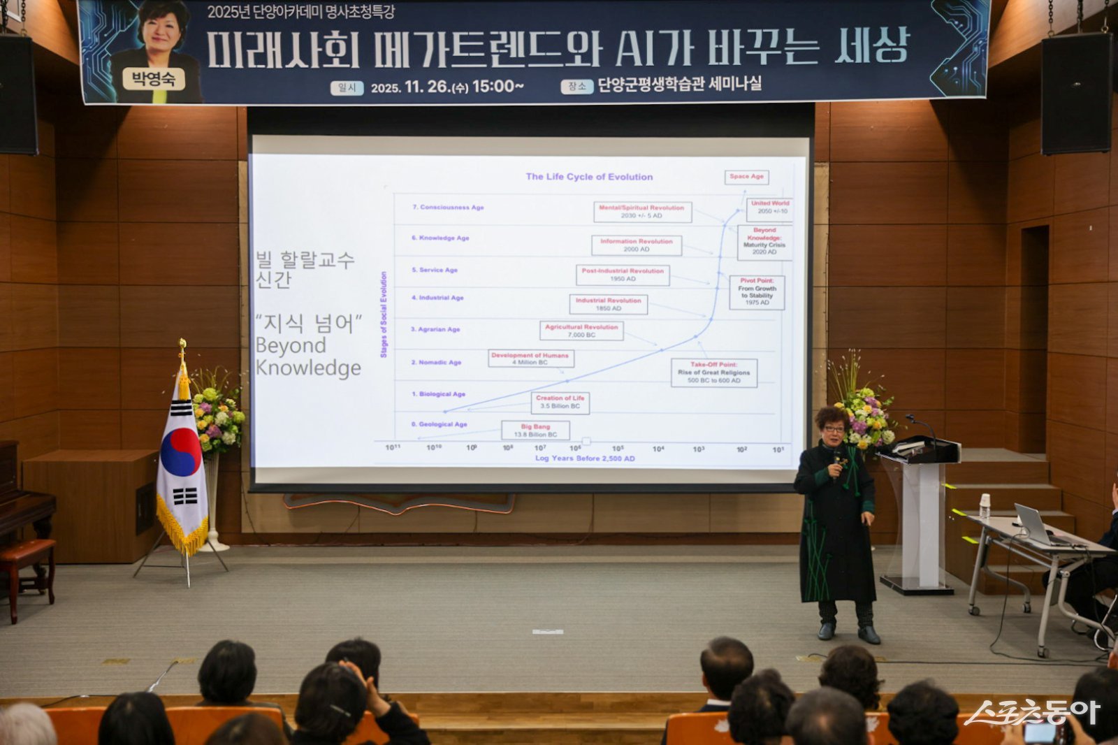 단양군은 지난 26일 단양평생학습관에서 ‘단양군 명사초청 특강’을 개최하고, 미래전략 분야 권위자인 박영숙 미래연구가를 초청해 ‘미래사회 메가트렌드와 AI가 바꾸는 세상’을 주제로 특강을 성황리에 마무리했다고 밝혔다. 사진제공｜단양군