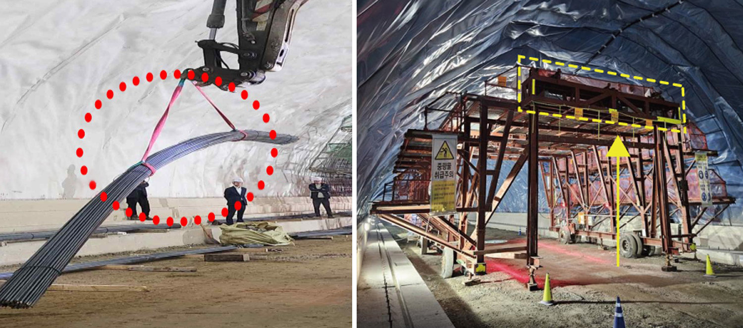 기존 터널공사 현장에서 중장비를 이용해 자재를 옮기는 모습(왼쪽)과 롯데건설 터널공사 현장에서 작업대차에 설치한 양중리프트를 이용해 자재를 옮기는 모습. 사진제공 ｜롯데건설