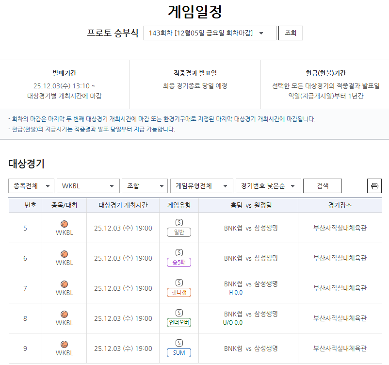 프로토 승부식 143회차, 2025-2026 WKBL BNK썸-삼성생명전 대상 경기.
