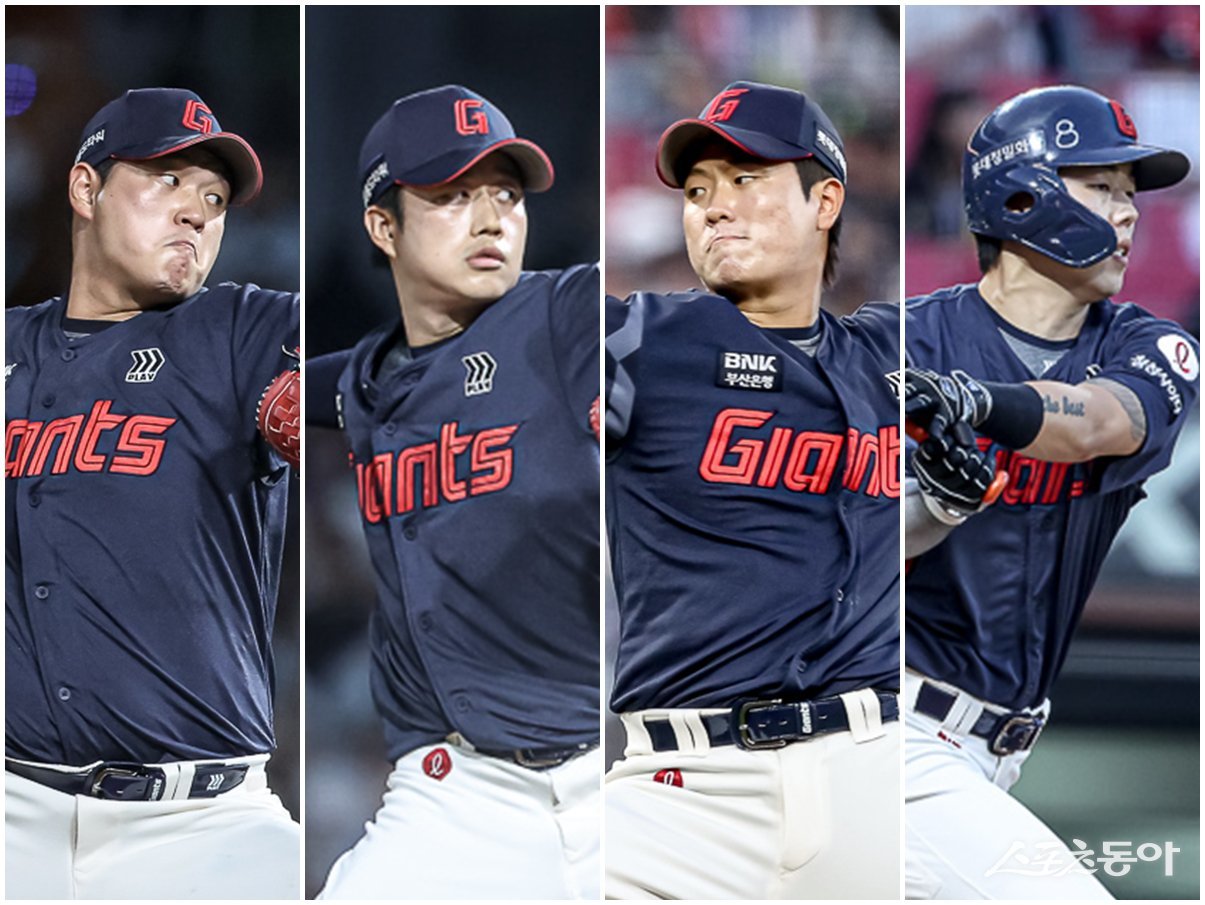 롯데의 내년 시즌 연봉 협상 대상자 중 누가 순풍을 맞을지 주목된다. 올 시즌에는 나균안, 김강현, 정현수, 고승민(왼쪽부터)의 활약이 돋보였다. 사진제공｜롯데 자이언츠