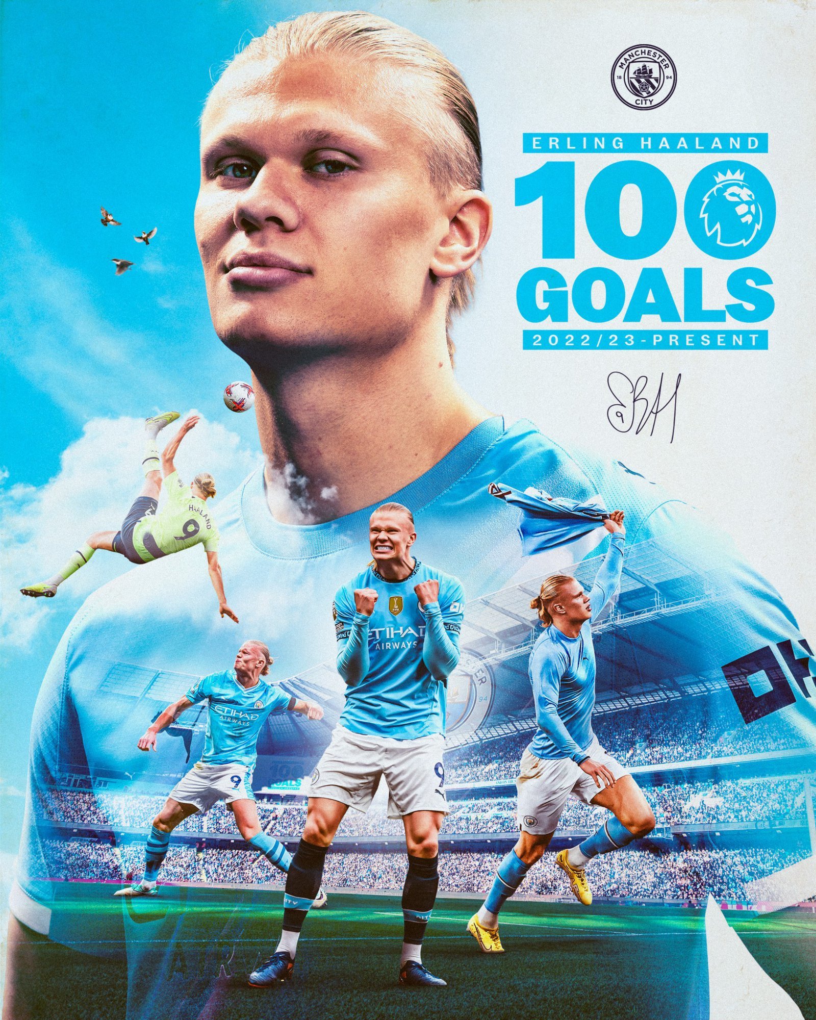 홀란은 3일(한국시간) 풀럼전서 EPL 통산 100번째 골을 넣었다. 111경기 만에 달성한 기록으로, 종전 기록 보유자인 앨런 시어러(124경기)의 기록을 앞당겼다. 사진출처｜맨체스터 시티 페이스북