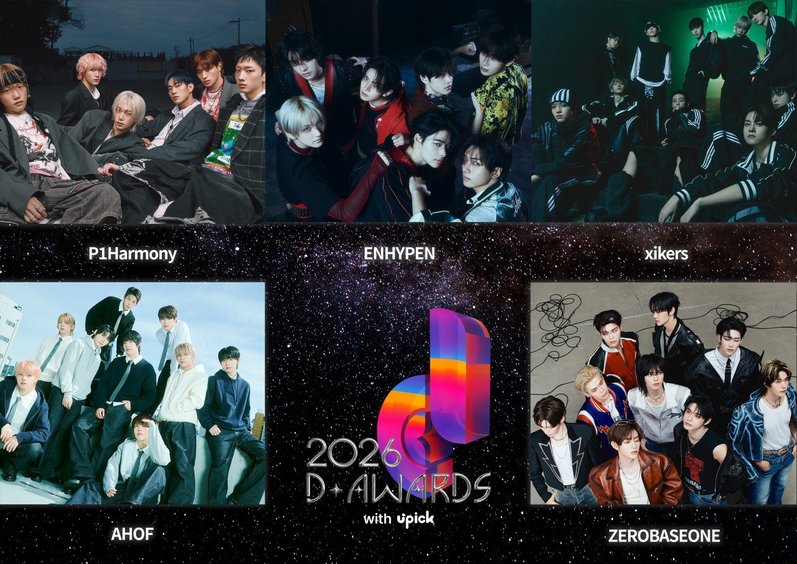 제2회 디 어워즈를 빛낼 1차 라인업이 공개됐다. 피원하모니와 엔하이픈, 싸이커스, 제로베이스원, 아홉(왼쪽 위부터 시계 방향으로·데뷔 순) 사진|디 어워즈 사무국·각 소속사