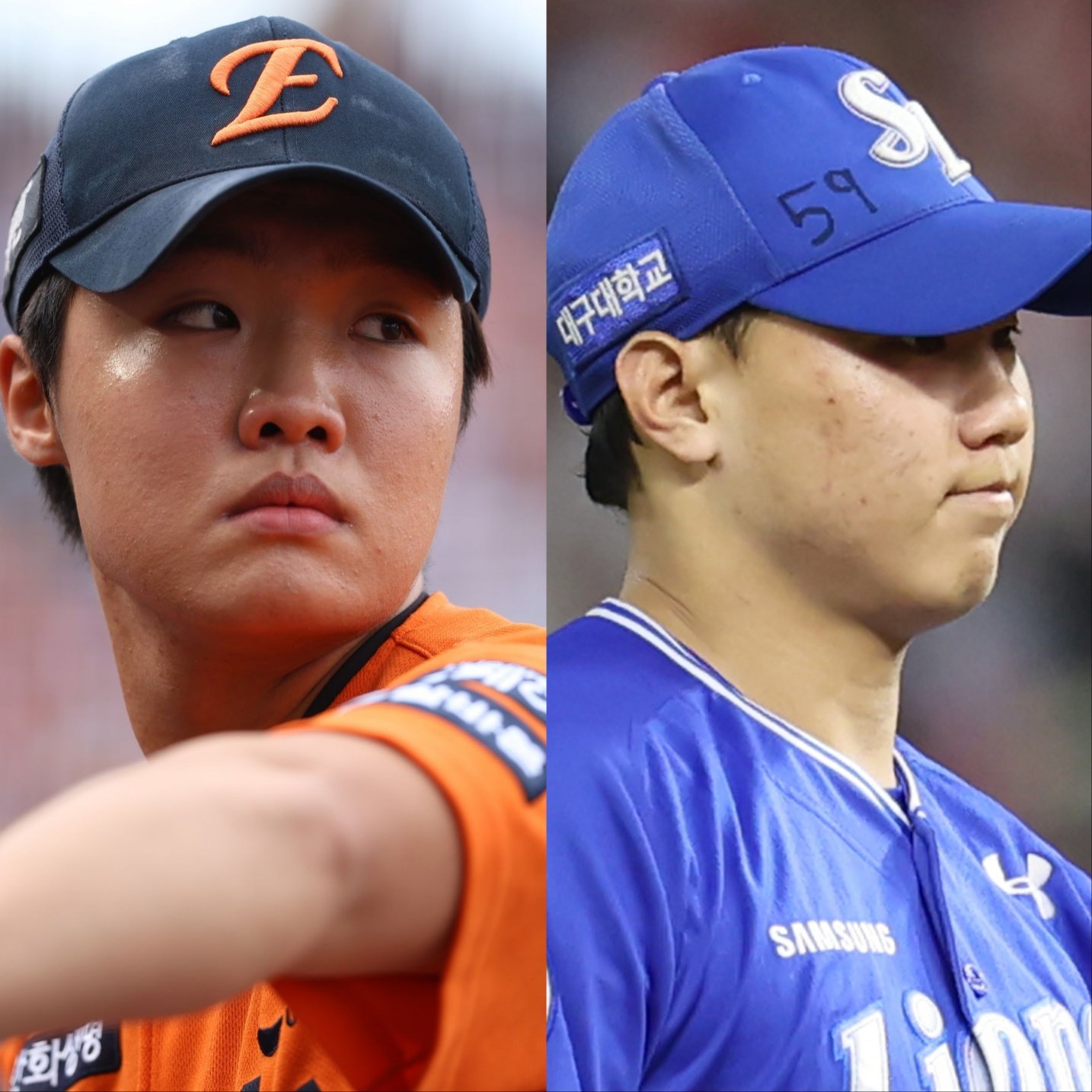 한화 정우주(왼쪽)와 삼성 배찬승은 데뷔 첫해인 2025시즌 두각을 보였다. 둘은 내년 열릴 WBC 최종 엔트리 합류를 정조준한다. 사진제공｜한화 이글스, 삼성 라이온즈