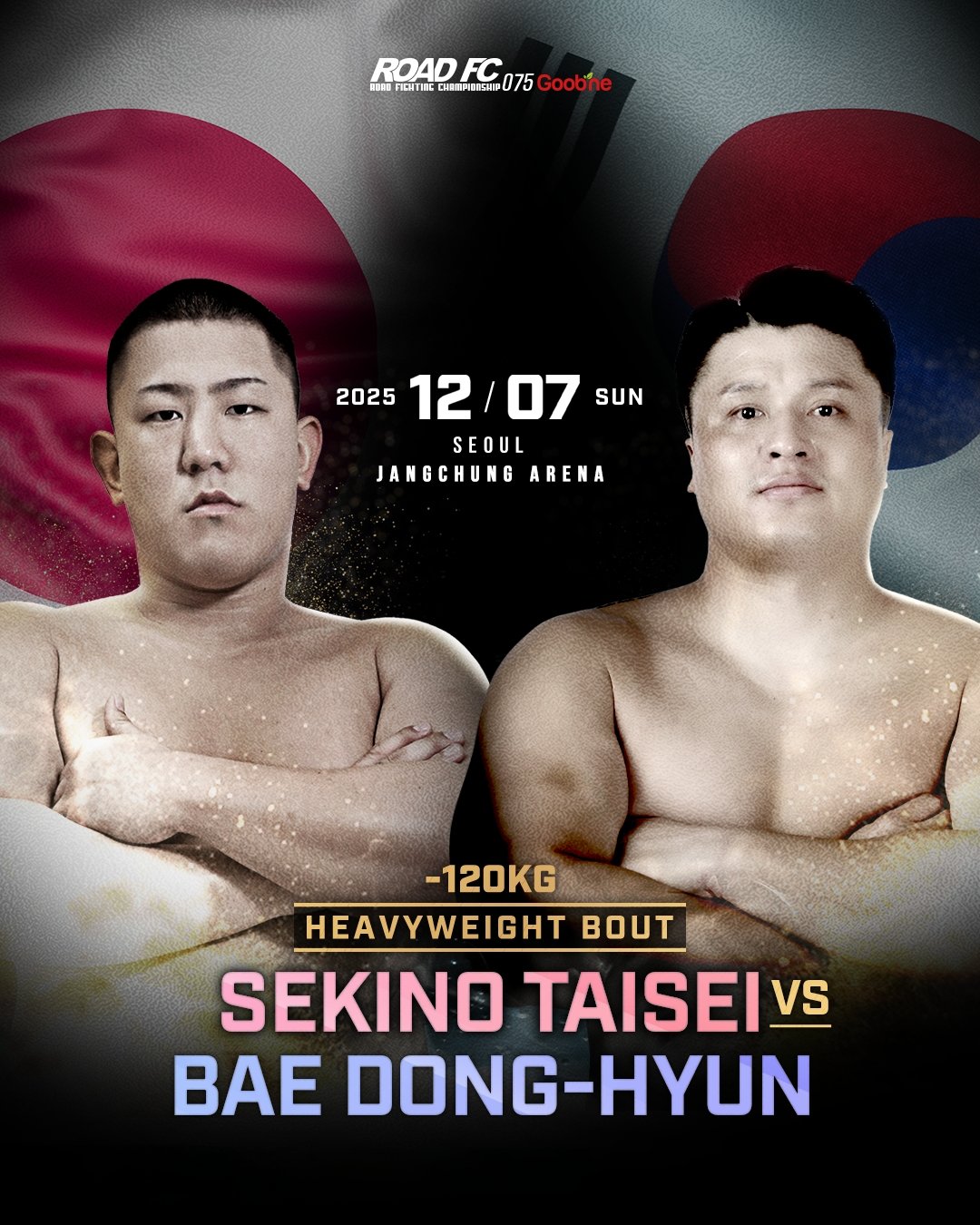 로드FC가 7일 장충체육관에서 ‘굽네 로드FC 075’를 개최한다. 메인이벤트는 배동현(오른쪽)과 세키노 타이세이의 헤비급 한일전이다. 사진제공|로드FC