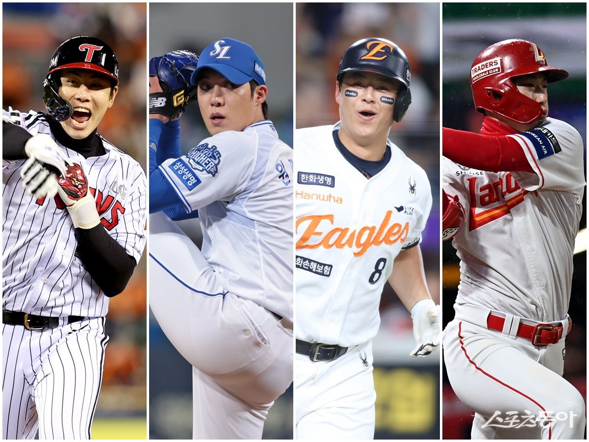 내년 시즌을 끝으로 FA 자격을 얻는 LG 홍창기, 삼성 원태인, 한화 노시환, SSG 최지훈(왼쪽부터)의 비FA 다년 계약 여부가 주목된다. 스포츠동아DB·LG 트윈스·삼성 라이온즈·한화 이글스 제공