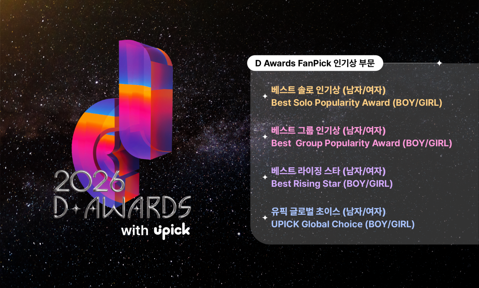 스포츠동아가 주최하는 제2회 디 어워즈(D AWARDS With upick)의 ‘백미’ 유픽 인기상 투표가 12월 26일부터 시작된다. 사진|upick·디어워즈 사무국