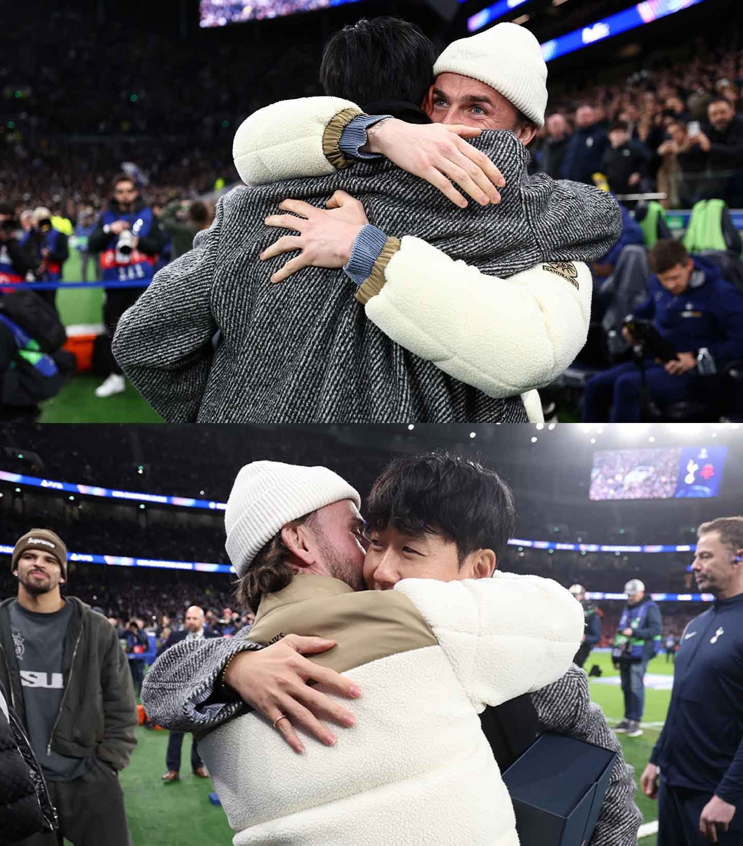 손흥민과 제임스 매디슨이 토트넘-슬라비아 프라하의 UCL 경기가 열린 10일(한국시간) 토트넘 홋스퍼 스타디움에서 서로를 끌어안으며 재회의 기쁨을 만끽하고 있다. 사진출처|토트넘 홋스퍼 페이스북