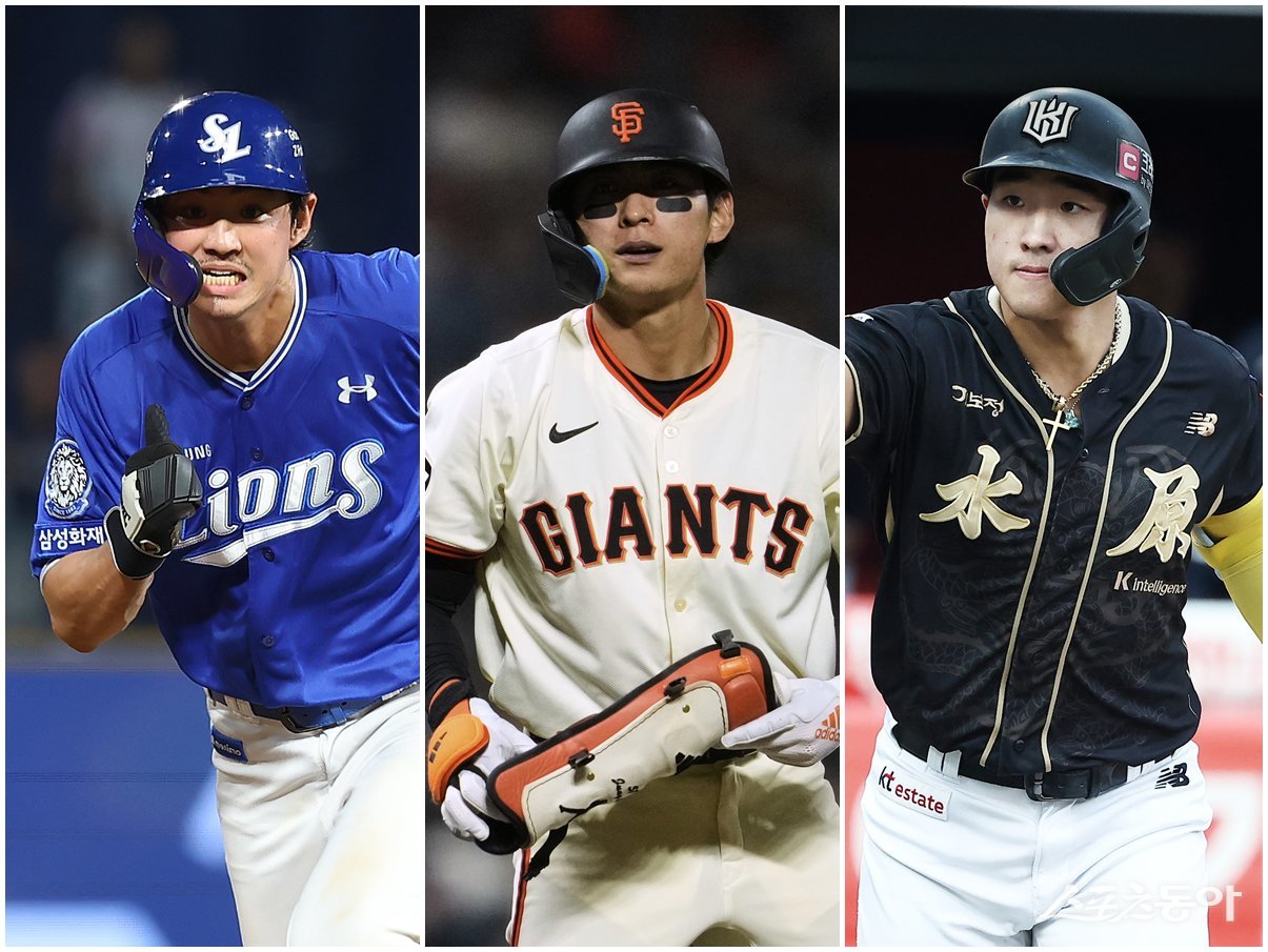 대표팀 간판 이정후와 외야를 꾸릴 파트너는 누구일까. 내년 1월 사이판 캠프 명단에는 구자욱, 안현민(왼쪽부터)을 비롯한 KBO리그의 스타들이 대거 포함됐다. AP뉴시스·삼성 라이온즈·KT 위즈 제공