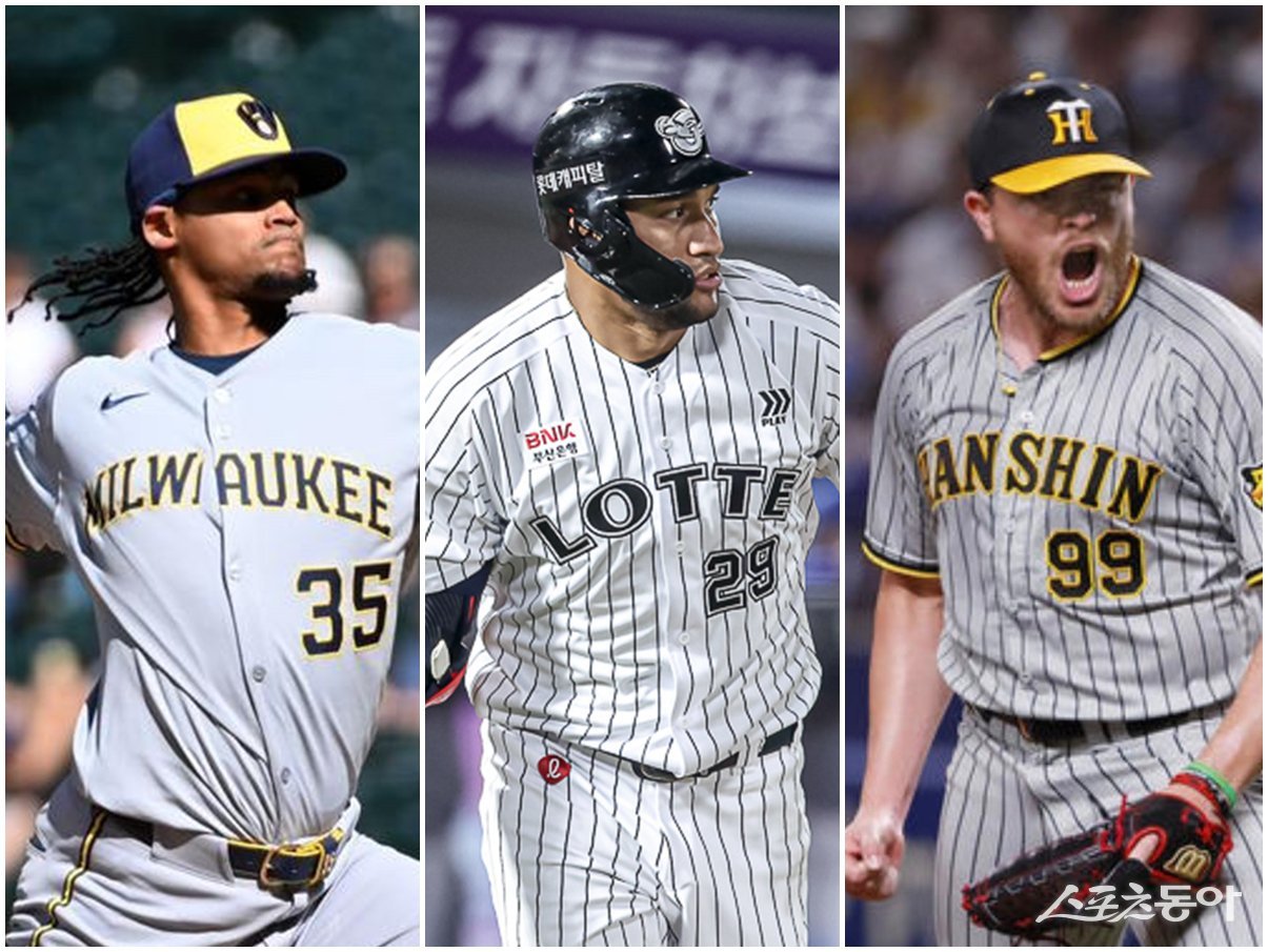 롯데가 내년 시즌 외국인 선수 구성을 마쳤다. 빅터 레이예스(가운데)는 재계약, 엘빈 로드리게스(왼쪽)와 제레미 비슬리는 신규 외국인 선수다. 사진제공|롯데 자이언츠