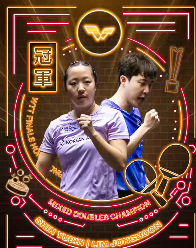 임종훈(오른쪽)-신유빈이 13일 홍콩 콜리세움에서 열린 WTT 파이널스 홍콩 마지막 날 혼합복식 결승에서 왕추친-쑨잉샤에 게임 스코어 3-0 완승을 거두고 금메달을 목에 걸었다. 사진은 둘의 우승 소식을 전한 WTT의 SNS 게시물. 사진출처│WTT SNS