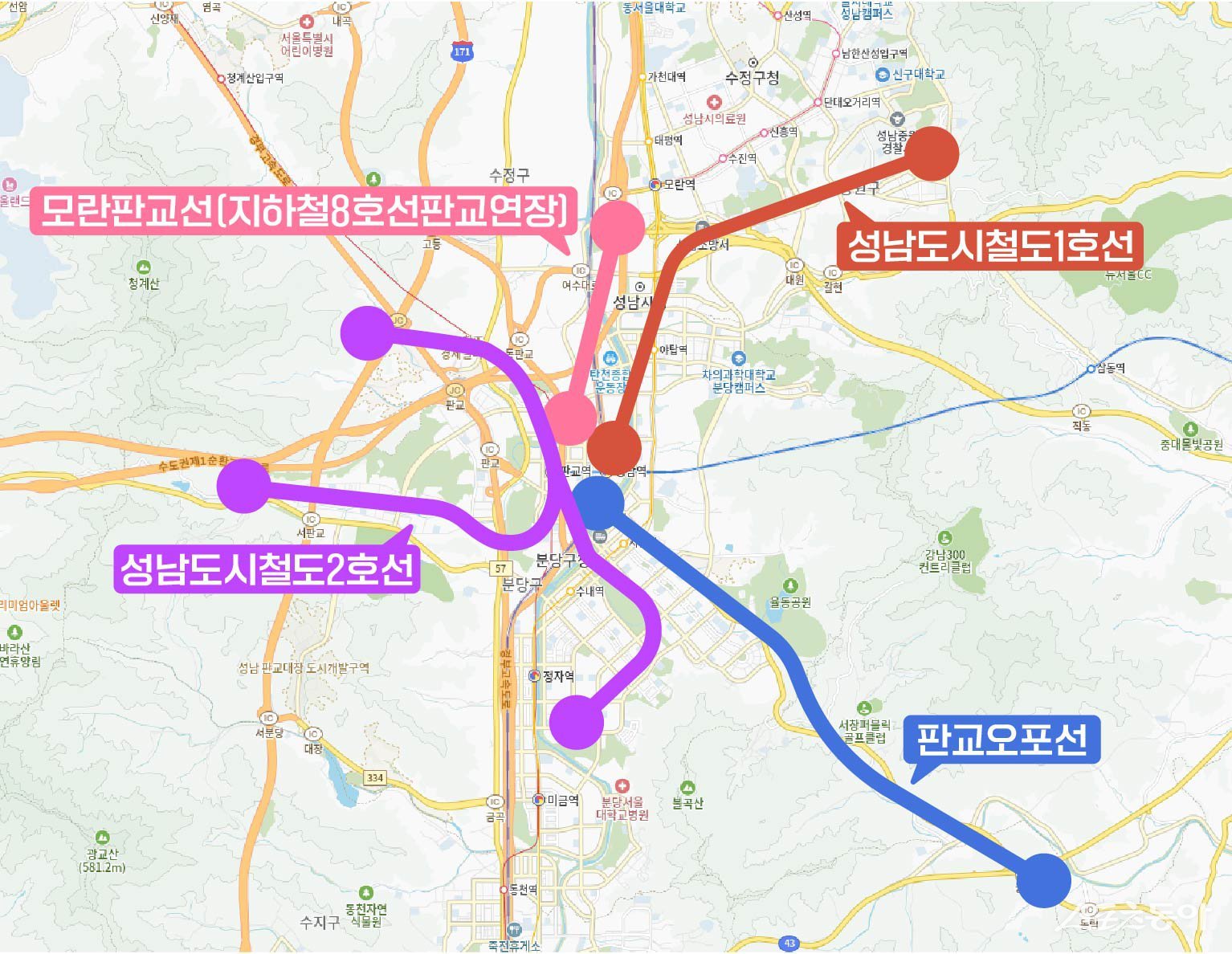 경기도 도시철도망 구축계획에 반영된 성남시 4개 도시철도 노선도. 사진제공ㅣ성남시 