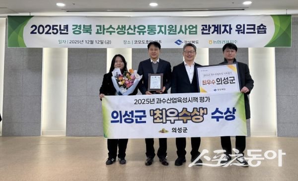 의성군이 경상북도 과수시책평가 ‘최우수상’을 수상한 후 기념촬영을 하고 있는 모습. 사진제공ㅣ의성군