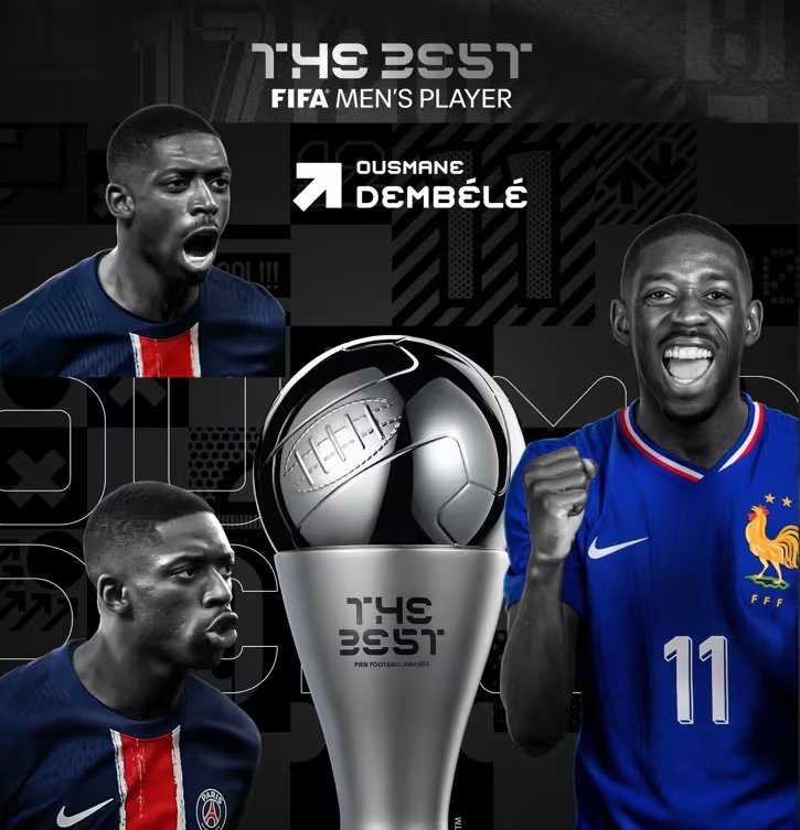 뎀벨레는 17일(한국시간) 카타르 도하에서 열린 ‘더 베스트 FIFA 풋볼 어워즈 2025’ 시상식서 올해의 남자선수상을 수상했다. 경쟁자였던 킬리안 음바페(27·레알 마드리드)와 라민 야말(17·FC바르셀로나)을 제쳤다. 사진출처|FIFA 홈페이지