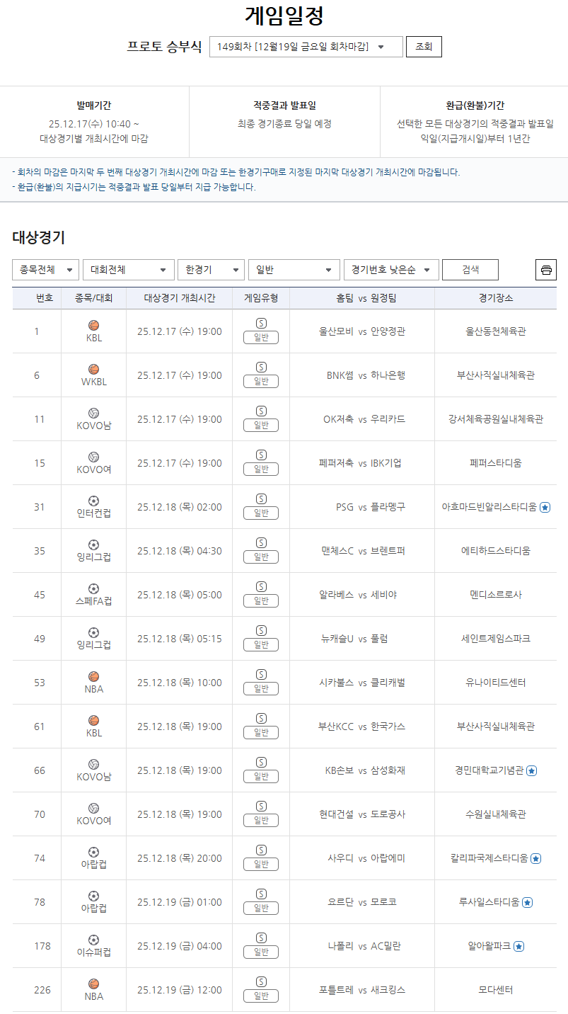 스포츠토토 프로토 승부식 149회차 한경기구매 일반 게임 정보.