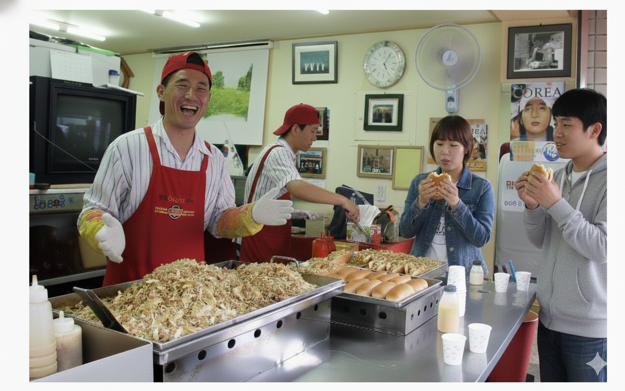 1000원짜리 영철버거 하나, 콜라 한 잔에 행복했던 시간은 이제 추억으로 남게 됐다.  AI로 재현한 고 이영철 씨(왼쪽)와 영철버거 가게 내부 이미지.