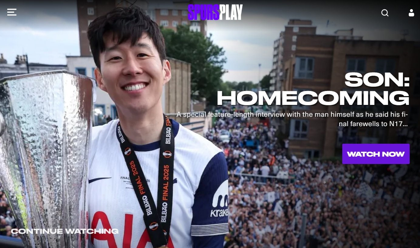 토트넘은 17일(한국시간) 구단 공식 영상 플랫폼 스퍼스플레이를 통해 헌정 다큐멘터리 ‘손흥민의 홈커밍, 토트넘의 오리지널 다큐멘터리’를 공개했다. 14분 분량의 영상에는 손흥민이 토트넘에서 남긴 발자취가 담겼다. 사진출처｜스퍼스플레이 홈페이지 캡처