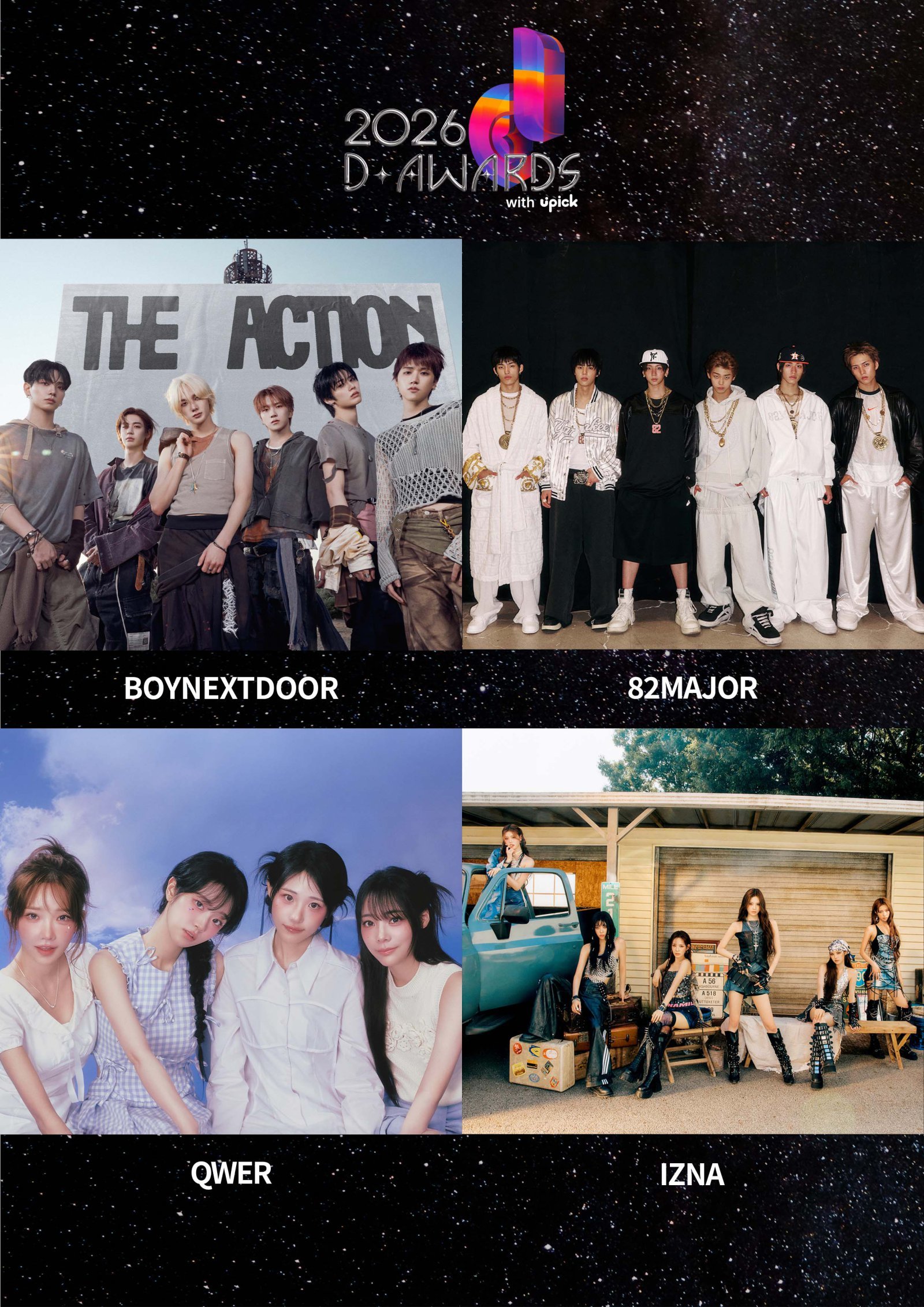 제2회 ‘디 어워즈’가 보이넥스트도어, 82메이저, QWER, 이즈나를 포함한 2차 라인업을 공개하며 기대감을 끌어올렸다. 사진제공 | 디 어워즈