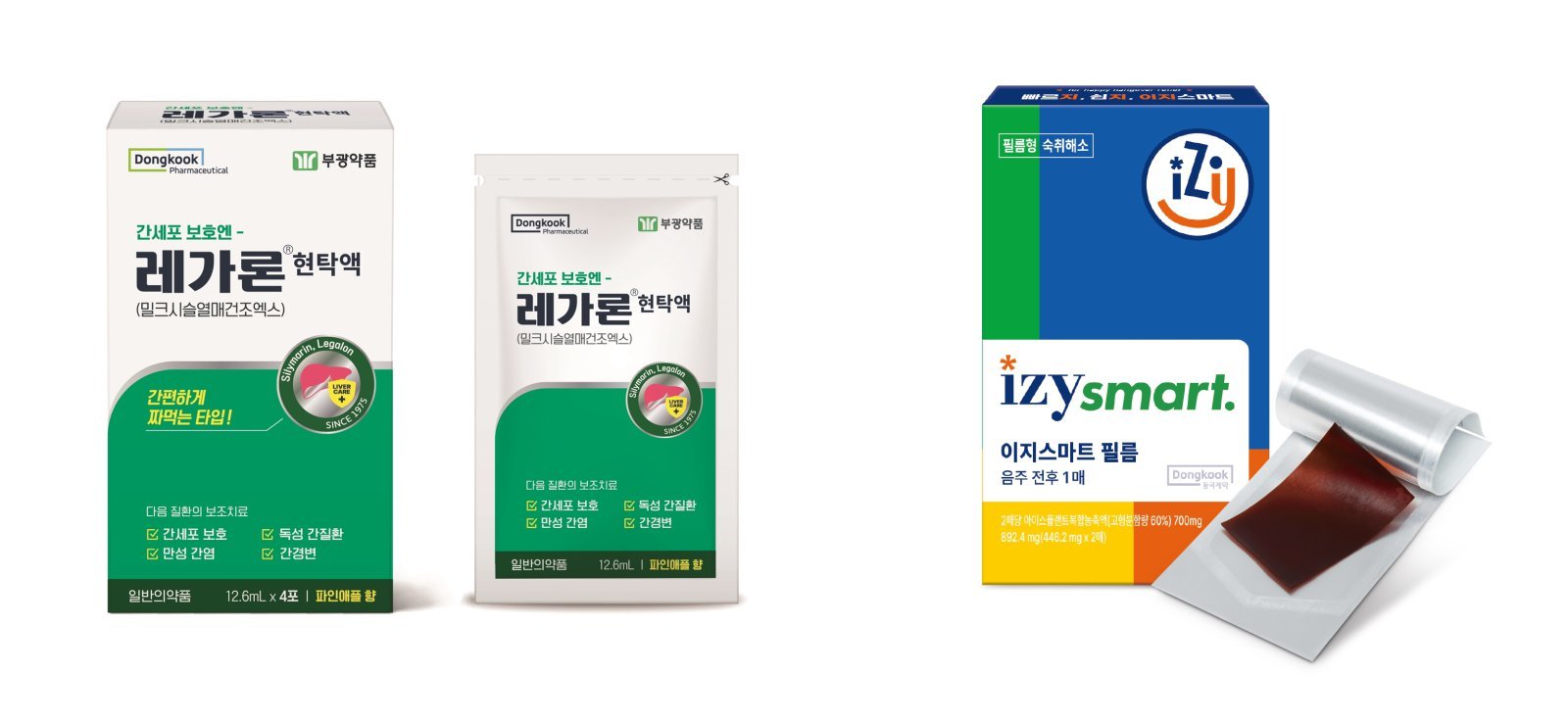 ‘레가론 현탁액’(왼쪽)과 ‘이지스마트 2매’. 사진제공｜동국제약