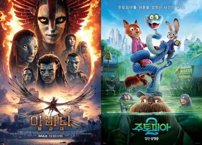 세밑 극장에 걸린 디즈니 작품이 ‘쌍끌이’로 파죽지세를 이어가고 있다. 애니메이션 ‘주토피아2’(오른쪽)는 누적 관객 600만, ‘아바타: 불과 재’는 개봉 나흘 만에 120만을 돌파하며 흥행 저력을 입증했다.    사진제공 | 월트디즈니 컴퍼니 코리아