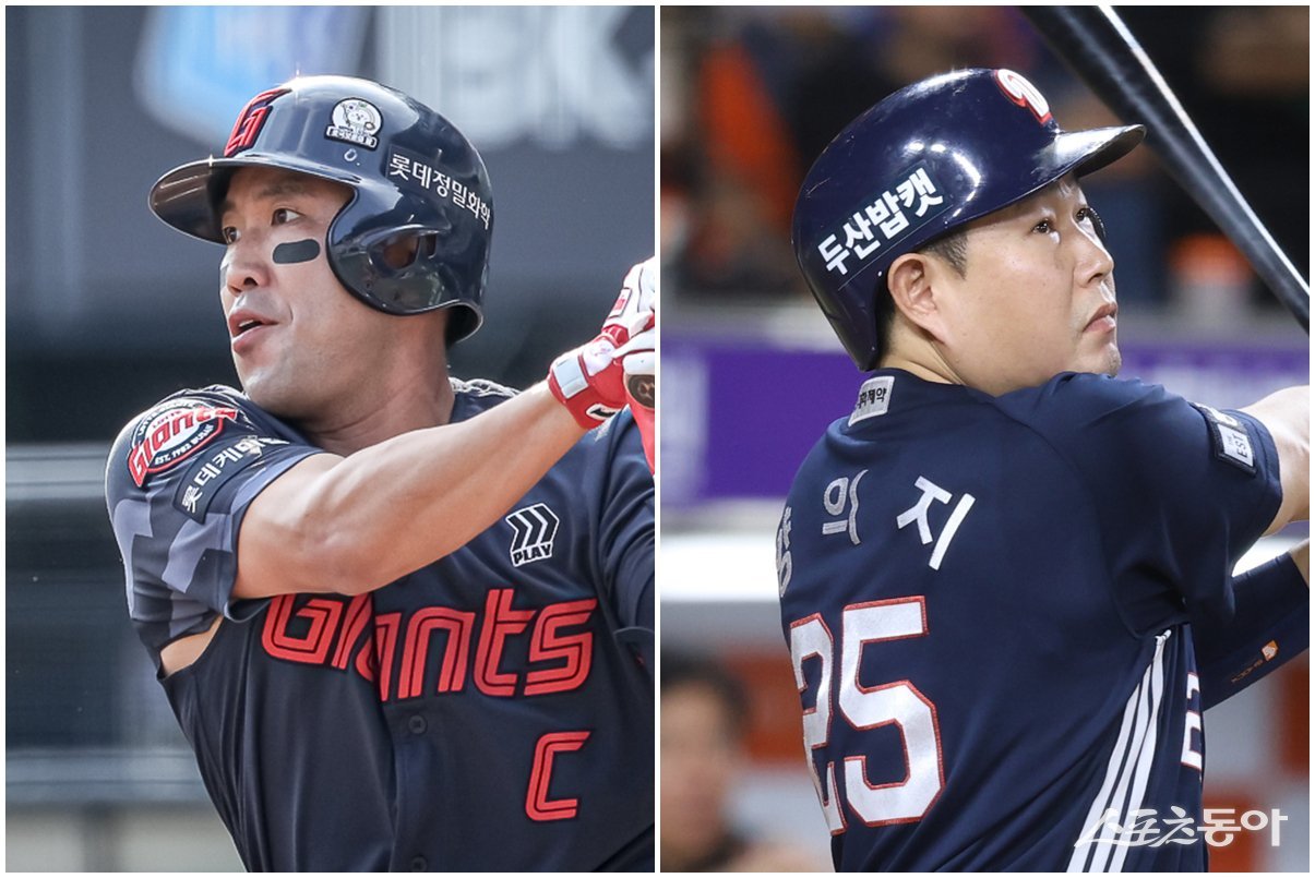 롯데 전준우(왼쪽)와 두산 양의지를 비롯한 베테랑들이 내년 시즌에도 정상급 활약을 이어갈지 주목된다. 사진제공｜롯데 자이언츠·두산 베어스