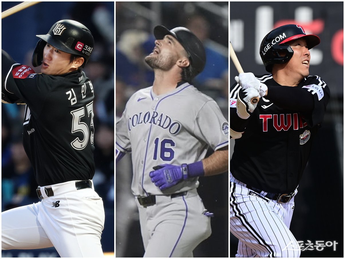 내년 시즌 KT의 클린업 트리오 구성에 관심이 쏠린다. 김민혁, 샘 힐리어드, 김현수(왼쪽부터)가 3번타자 안현민과 타순 연계를 원활히 할지 주목된다. 스포츠동아DB·AP뉴시스·KT 위즈 제공