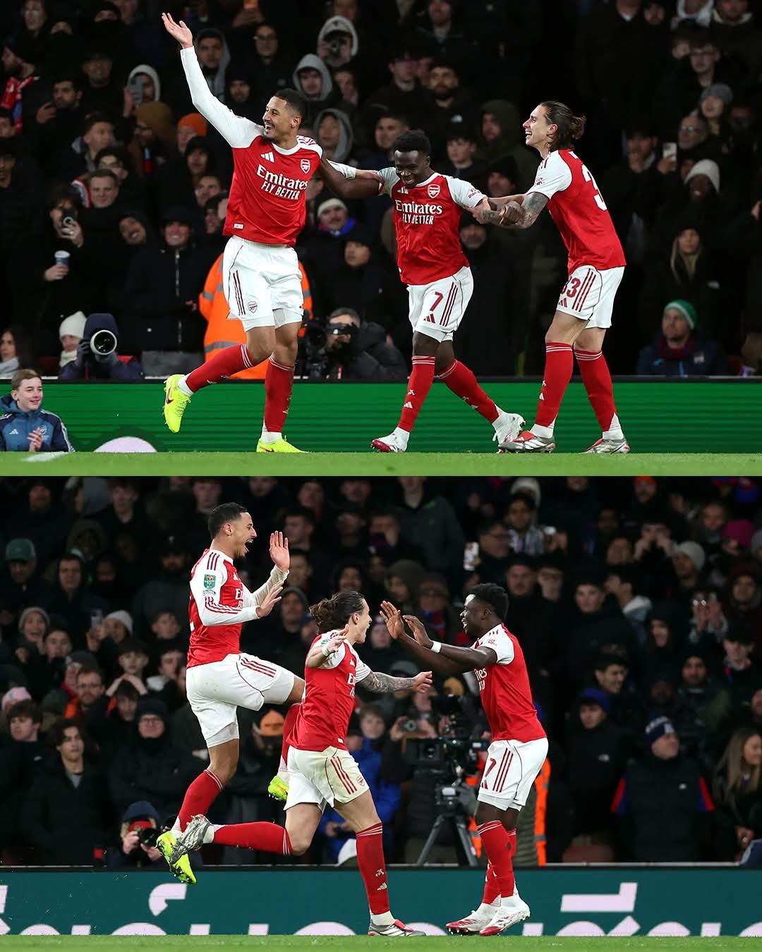아스널 선수들이 24일(한국시간) 크리스탈 팰리스와 리그컵 8강 홈경기서 상대 자책골로 리드를 잡은 뒤 환호하고 있다. 사진출처｜아스널 페이스북