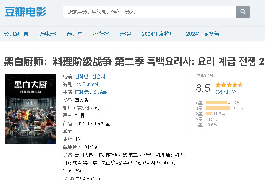 사진 | 중국 최대 리뷰 사이트 더우반 ‘흑백요리사2’ 페이지