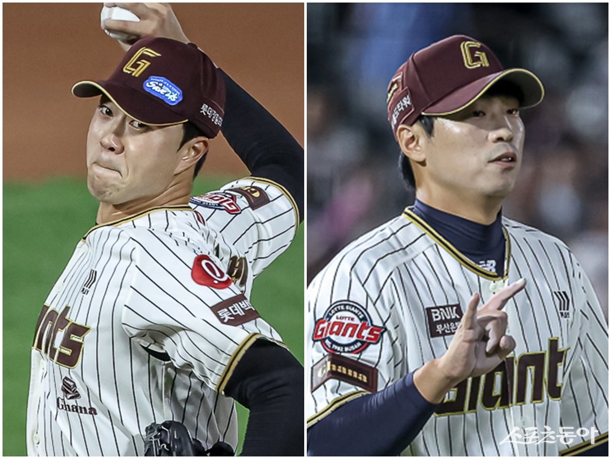 윤성빈(왼쪽)과 구승민이 내년 시즌 롯데 불펜의 과부하를 해소할지 주목된다. 사진제공｜롯데 자이언츠