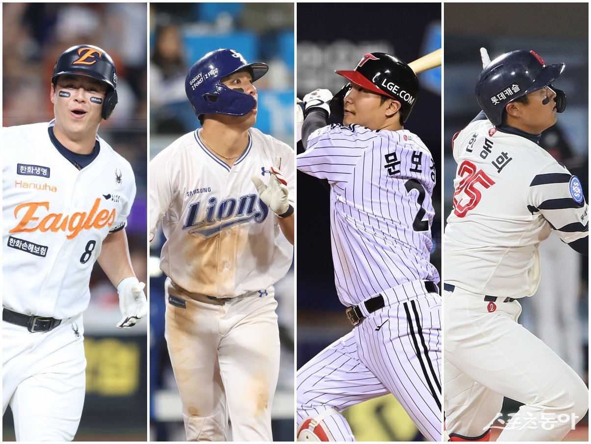 한화 노시환, 삼성 김영웅, LG 문보경, 롯데 한동희(왼쪽부터). 스포츠동아DB·한화 이글스·삼성 라이온즈·롯데 자이언츠 제공