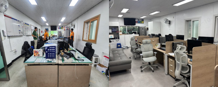부산 해운대소방서 반여119안전센터의 사무 공간 개선 전(좌)과 후. 사진제공｜한샘
