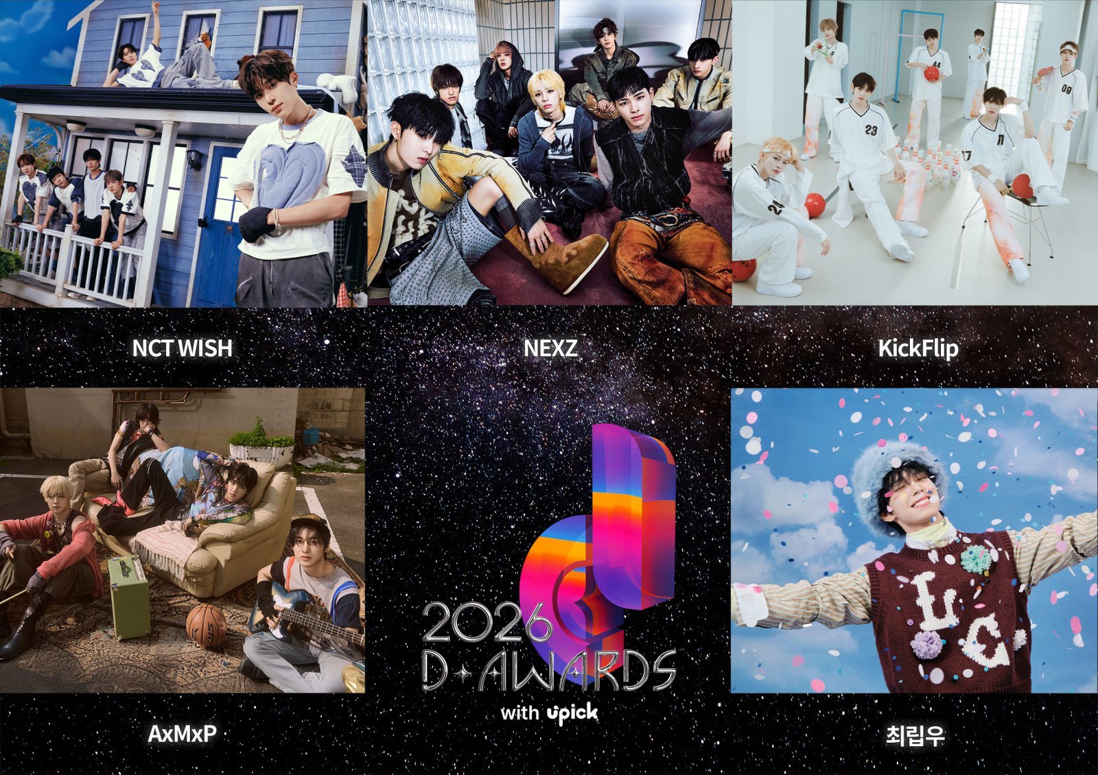‘5세대 아이돌’의 현재와 미래가 디 어워즈 무대를 수놓는다. 그룹 NCT 위시와 넥스지, 킥플립, 최립우, 밴드 에이엠피(왼쪽 위부터 시계 방향으로)가 디 어워즈 3차 라인업에 이름을 올렸다. 사진제공|각 소속사