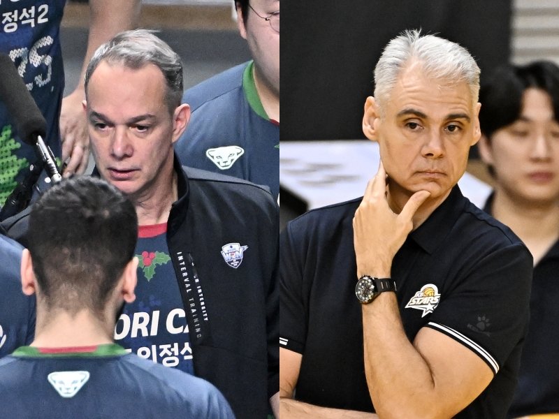 30일 우리카드 마우리시오 파에스 감독(왼쪽)과 KB손해보험 레오나르도 카르발류 감독이 지휘봉을 내려놓았다. 사진제공|KOVO